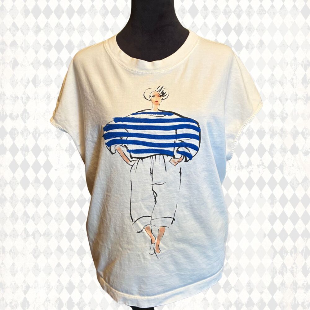 Zara Graphic Tee Women's Capped Sleeve Sketch Art Size Large